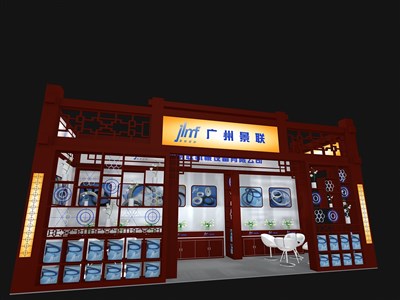 27平米展臺設(shè)計制作：一面開口/中式/木質(zhì)結(jié)構(gòu)/紅色，為汽配展展商而作（免費(fèi)使用）