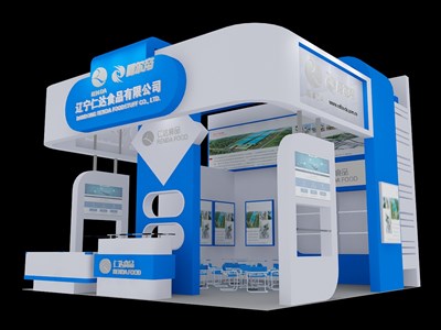 36平米展臺設(shè)計(jì)制作：三面開口/現(xiàn)代/木質(zhì)結(jié)構(gòu)/白色，為食品展展商而作（免費(fèi)使用）
