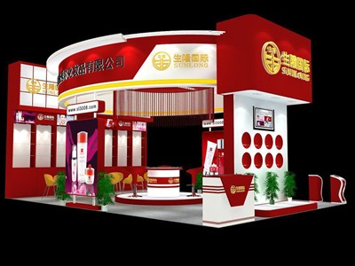 54平米展臺設(shè)計制作：三面開口/現(xiàn)代/木質(zhì)結(jié)構(gòu)/紅色，為美博會展商而作（免費(fèi)使用）