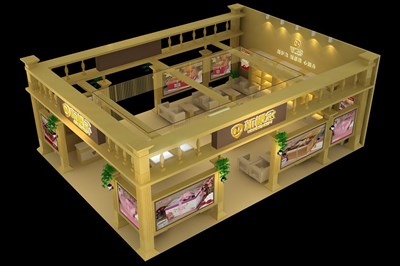 108平米展臺設(shè)計制作：三面開口/歐式/木質(zhì)結(jié)構(gòu)/黃色，為日用品展展商而作（免費使用）