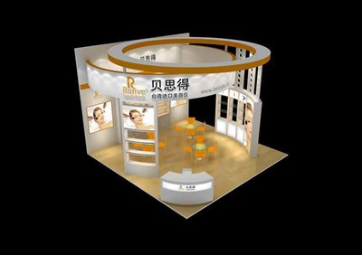 36平米展臺(tái)設(shè)計(jì)制作：四面開口/現(xiàn)代/木質(zhì)結(jié)構(gòu)/白色，為美博會(huì)展商而作（免費(fèi)使用）