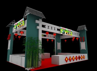 54平米展臺設(shè)計制作：二面開口/田園/木質(zhì)結(jié)構(gòu)/綠色，為食品展展商而作（免費使用）