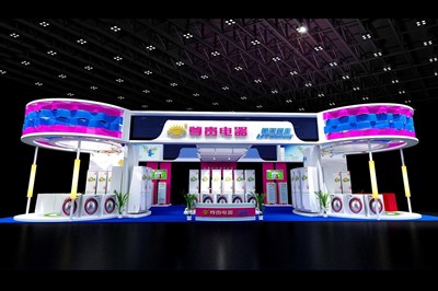 312平米展臺(tái)設(shè)計(jì)制作：四面開口/現(xiàn)代/木質(zhì)結(jié)構(gòu)/彩色，為家電展展商而作（免費(fèi)使用）