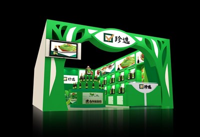 28平米展臺設計制作：一面開口/現(xiàn)代/木質結構/綠色，為食品展展商而作（免費使用）