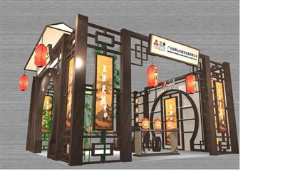 36平米展臺(tái)設(shè)計(jì)制作：三面開(kāi)口/中式/木質(zhì)結(jié)構(gòu)/咖啡色，為家電展展商而作（免費(fèi)使用）