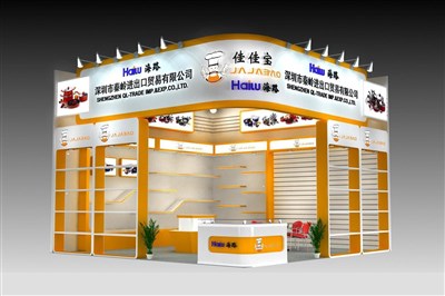 36平米展臺設計制作：二面開口/前衛(wèi)/木質(zhì)結構/黃色，為家電展展商而作（免費使用）