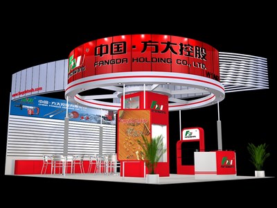 54平米展臺設計制作：三面開口/現代/木質結構/紅色，為汽配展展商而作（免費使用）
