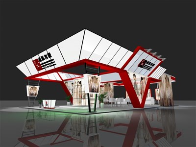 144平米展臺設計制作：四面開口/現(xiàn)代/型材結構/紅色，為機械展展商而作（免費使用）