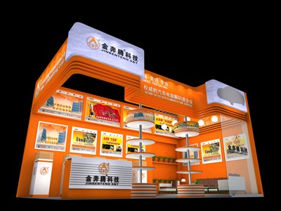 36平米展臺設(shè)計制作：二面開口/現(xiàn)代/木質(zhì)結(jié)構(gòu)/橙色，為汽配展展商而作（免費使用）