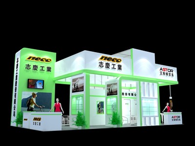72平米展臺設計制作：四面開口/現(xiàn)代/木質(zhì)結(jié)構/綠色，為汽配展展商而作（免費使用）