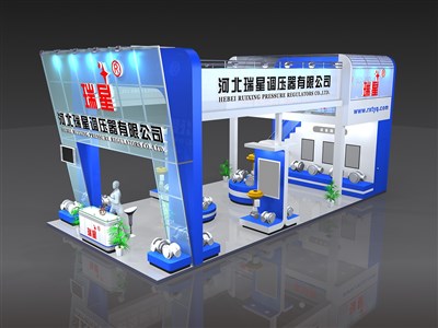 72平米展臺(tái)設(shè)計(jì)制作：三面開口/現(xiàn)代/木質(zhì)結(jié)構(gòu)/藍(lán)色，為汽配展展商而作（免費(fèi)使用）