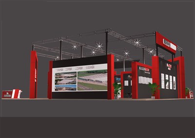 225平米展臺設(shè)計制作：四面開口/現(xiàn)代/桁架結(jié)構(gòu)/紅色，為家電展展商而作（免費使用）