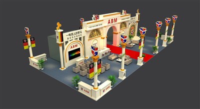 288平米展臺設(shè)計制作：四面開口/歐式/木質(zhì)結(jié)構(gòu)/白色，為機械展展商而作（免費使用）