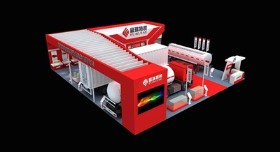 360平米展臺設計制作：三面開口/現(xiàn)代/木質結構/紅色，為機械展展商而作（免費使用）