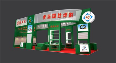 90平米展臺(tái)設(shè)計(jì)制作：三面開口/現(xiàn)代/木質(zhì)結(jié)構(gòu)/綠色，為機(jī)械展展商而作（免費(fèi)使用）