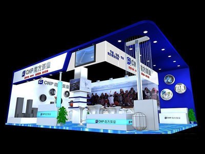 65平米展臺設(shè)計制作：二面開口/現(xiàn)代/木質(zhì)結(jié)構(gòu)/藍色，為機械展展商而作（免費使用）