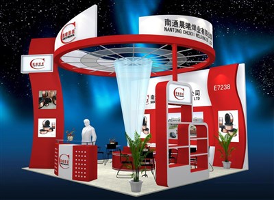36平米展臺設(shè)計(jì)制作：三面開口/現(xiàn)代/木質(zhì)結(jié)構(gòu)/紅色，為機(jī)械展展商而作（免費(fèi)使用）