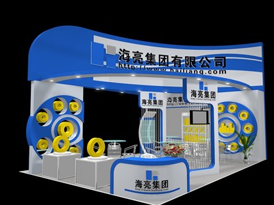 54平米展臺設計制作：三面開口/現(xiàn)代/木質結構/藍色，為機械展展商而作（免費使用）