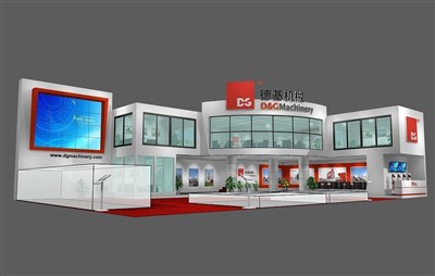 360平米展臺設(shè)計制作：二面開口/現(xiàn)代/木質(zhì)結(jié)構(gòu)/白色，為機械展展商而作（免費使用）