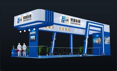 90平米展臺設計制作：四面開口/現(xiàn)代/木質(zhì)結構/藍色，為機械展展商而作（免費使用）