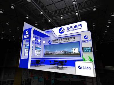 32平米展臺設(shè)計制作：二面開口/現(xiàn)代/木質(zhì)結(jié)構(gòu)/藍色，為機械展展商而作（免費使用）