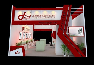 72平米展臺設計制作：二面開口/現(xiàn)代/木質(zhì)結構/紅色，為機械展展商而作（免費使用）