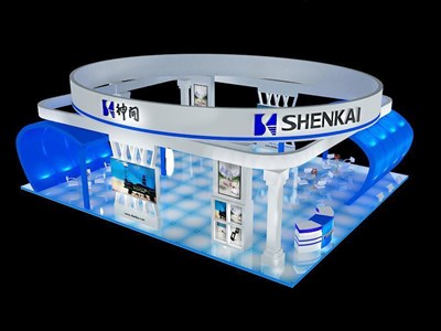 120平米展臺設(shè)計制作：三面開口/前衛(wèi)/木質(zhì)結(jié)構(gòu)/藍(lán)色，為機(jī)械展展商而作（免費(fèi)使用）