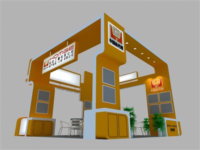 36平米展臺設(shè)計(jì)制作：四面開口/現(xiàn)代/木質(zhì)結(jié)構(gòu)/黃色，為汽配展展商而作（免費(fèi)使用）