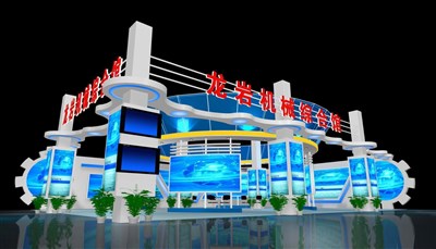 343.9平米展臺設(shè)計制作：四面開口/現(xiàn)代/木質(zhì)結(jié)構(gòu)/藍(lán)色，為機(jī)械展展商而作（免費(fèi)使用）