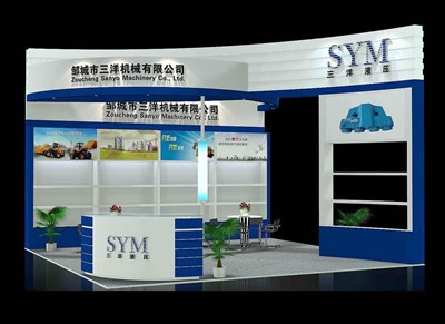 36平米展臺(tái)設(shè)計(jì)制作：三面開口/現(xiàn)代/木質(zhì)結(jié)構(gòu)/藍(lán)色，為機(jī)械展展商而作（免費(fèi)使用）