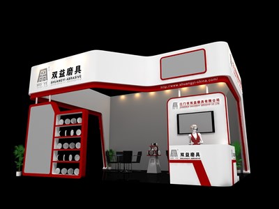 48平米展臺設(shè)計制作：三面開口/現(xiàn)代/木質(zhì)結(jié)構(gòu)/紅色，為機械展展商而作（免費使用）
