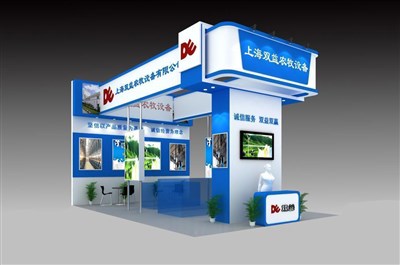 54平米展臺設計制作：三面開口/現(xiàn)代/木質結構/藍色，為機械展展商而作（免費使用）