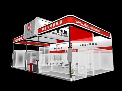 135平米展臺設(shè)計制作：三面開口/現(xiàn)代/木質(zhì)結(jié)構(gòu)/紅色，為機械展展商而作（免費使用）