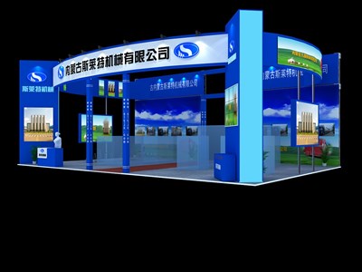 126平米展臺設(shè)計制作：三面開口/現(xiàn)代/木質(zhì)結(jié)構(gòu)/藍色，為機械展展商而作（免費使用）