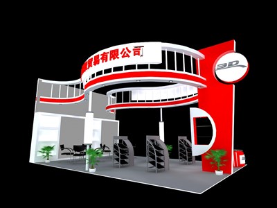 54平米展臺設計制作：三面開口/現代/木質結構/紅色，為汽配展展商而作（免費使用）