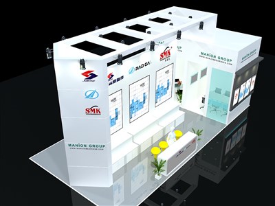 72平米展臺設計制作：三面開口/現(xiàn)代/木質(zhì)結構/白色，為電子展展商而作（免費使用）