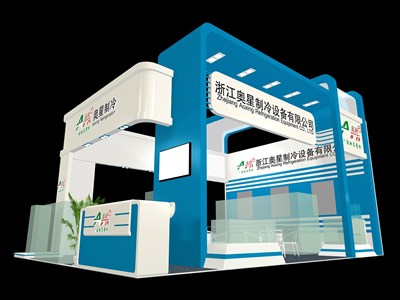 48平米展臺設計制作：三面開口/現(xiàn)代/木質結構/藍色，為汽配展展商而作（免費使用）