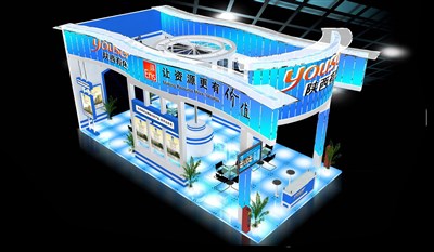 72平米展臺設(shè)計制作：四面開口/現(xiàn)代/型材結(jié)構(gòu)/藍(lán)色，為汽配展展商而作（免費使用）