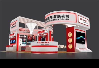 108平米展臺設(shè)計制作：四面開口/前衛(wèi)/木質(zhì)結(jié)構(gòu)/紅色，為電子展展商而作（免費(fèi)使用）