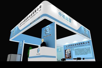 64平米展臺設(shè)計制作：三面開口/現(xiàn)代/木質(zhì)結(jié)構(gòu)/藍色，為電子展展商而作（免費使用）