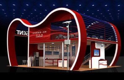 108平米展臺設(shè)計制作：四面開口/現(xiàn)代/雙層結(jié)構(gòu)/紅色，為電子展展商而作（免費(fèi)使用）