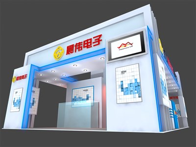 54平米展臺設(shè)計制作：三面開口/前衛(wèi)/木質(zhì)結(jié)構(gòu)/藍色，為電子展展商而作（免費使用）