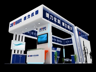 50平米展臺(tái)設(shè)計(jì)制作：四面開(kāi)口/現(xiàn)代/木質(zhì)結(jié)構(gòu)/藍(lán)色，為電子展展商而作（免費(fèi)使用）