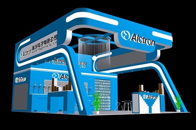 63平米展臺設計制作：三面開口/前衛(wèi)/木質(zhì)結構/藍色，為電子展展商而作（免費使用）