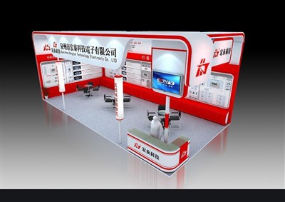 72平米展臺設計制作：二面開口/現(xiàn)代/木質(zhì)結構/紅色，為電子展展商而作（免費使用）