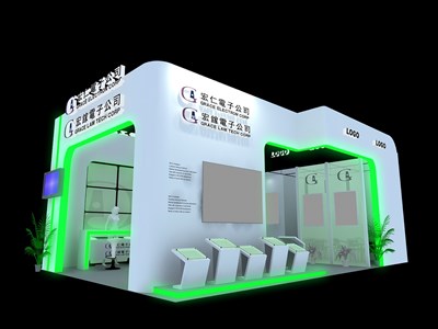 54平米展臺設計制作：二面開口/現代/木質結構/綠色，為電子展展商而作（免費使用）