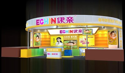 72平米展臺設計制作：一面開口/現(xiàn)代/木質(zhì)結構/黃色，為嬰幼展展商而作（免費使用）