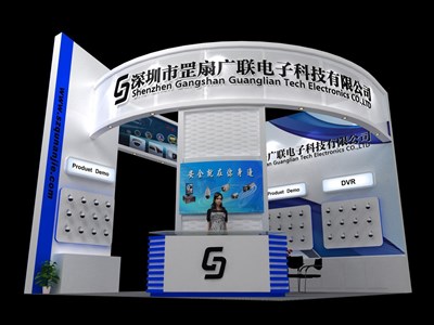 36平米展臺設(shè)計制作：三面開口/前衛(wèi)/木質(zhì)結(jié)構(gòu)/藍色，為電子展展商而作（免費使用）