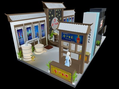 72平米展臺設(shè)計制作：三面開口/中式/木質(zhì)結(jié)構(gòu)/灰色，為糖酒展展商而作（免費使用）