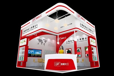 36平米展臺設計制作：二面開口/現(xiàn)代/木質(zhì)結構/紅色，為化工展展商而作（免費使用）